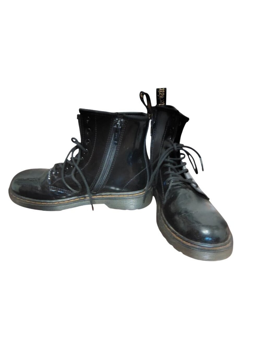 Dr. Martens AirWair Bouncing Soles Black Patent Leather Boots, Lace, Side Zip, 4